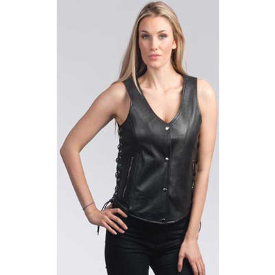 LADIES LEATHER MOTORCYCLE WESTERN VEST WITH SIDE LACES - LV508