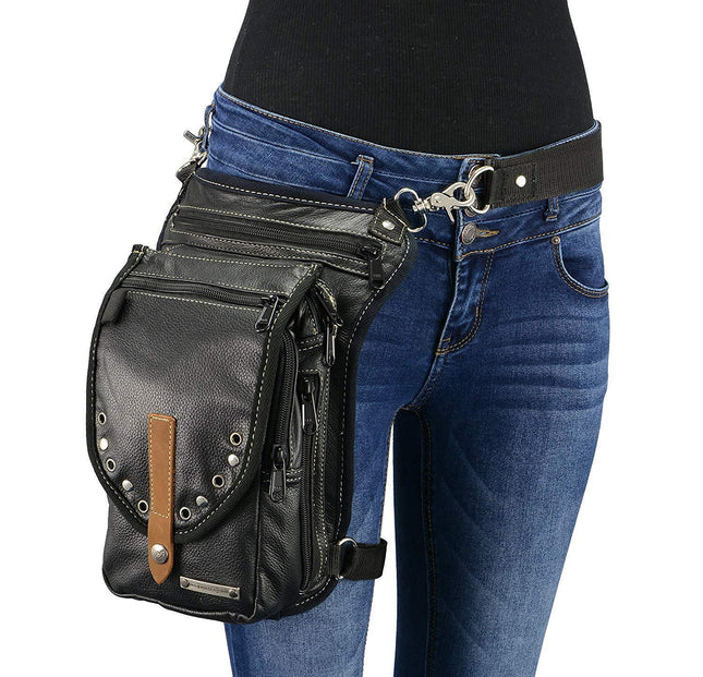 CC Thigh Bag W/Waist Belt Black and Brown 9.5 Inch x 6.5 Inch x 2