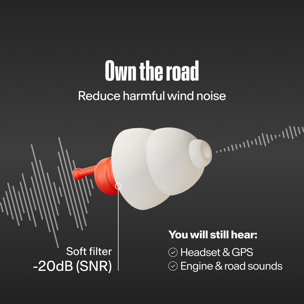 Alpine MotoSafe Sport 2026 earplug noise reduction feature graphic, 20 dB SNR