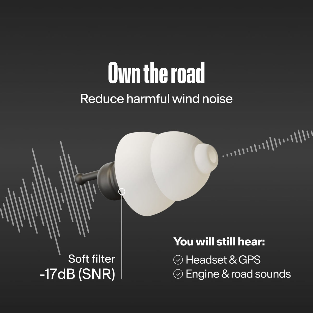 Alpine MotoSafe Tour 2026 earplug noise reduction feature graphic, 17 dB SNR