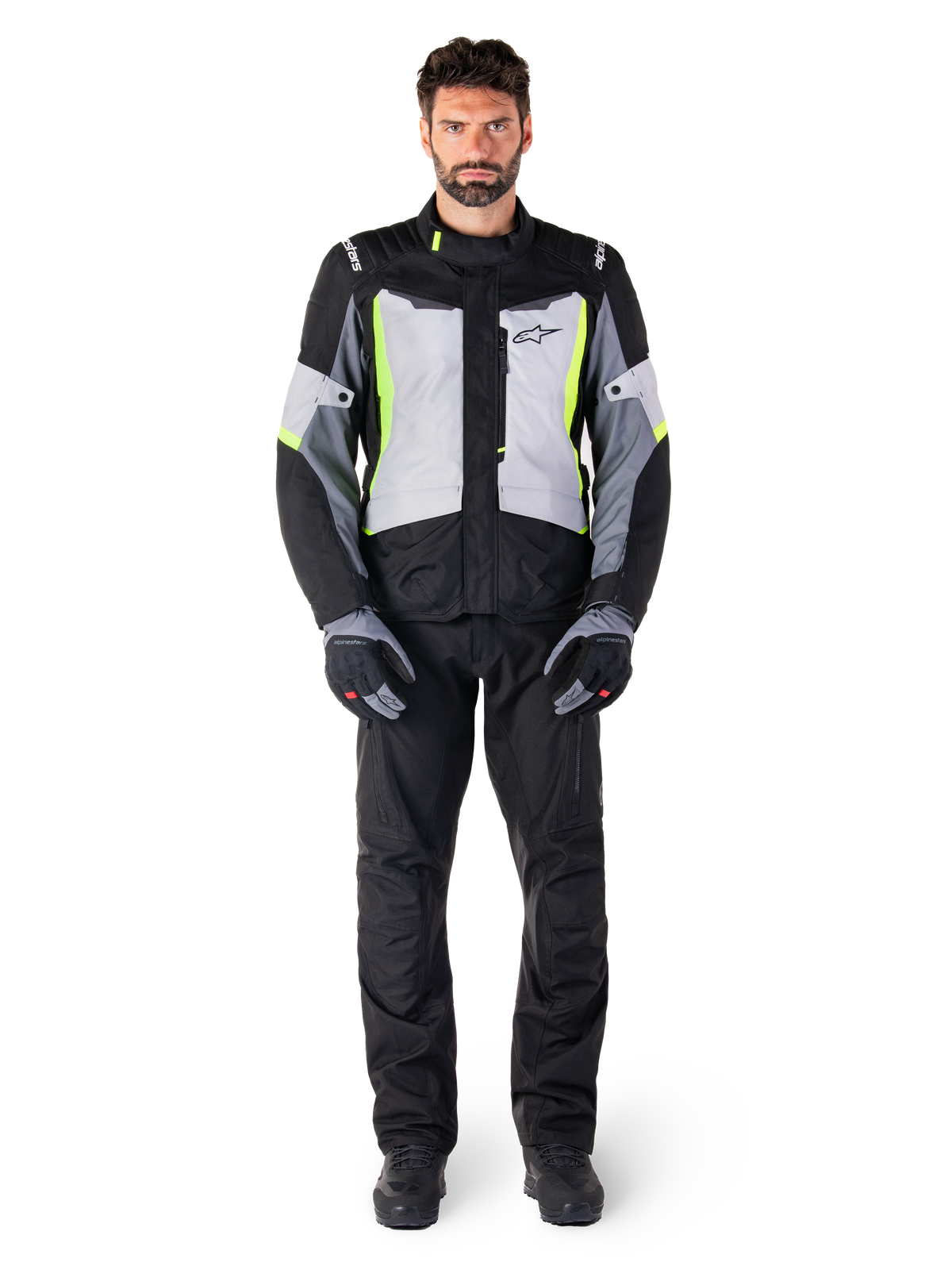 Alpinestars ST-1 Waterproof Pants, Black, front view styled with riding gear