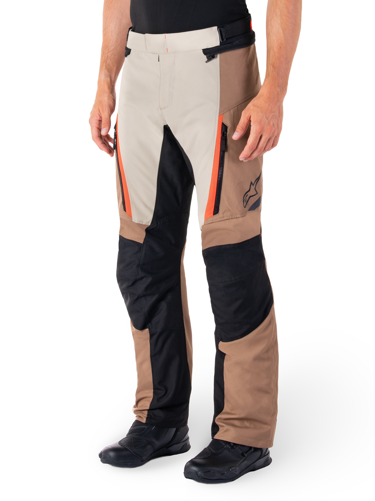 Alpinestars ST-1 Waterproof Pants, Khaki / Sand with Black and Red Fluo, front three-quarter view