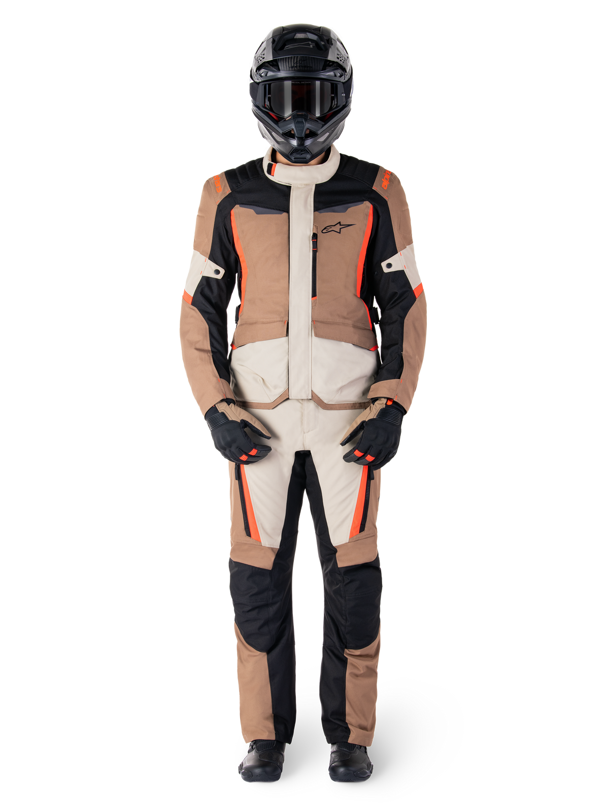 Alpinestars ST-1 Waterproof Pants, Khaki / Sand with Black and Red Fluo, front view styled with riding gear
