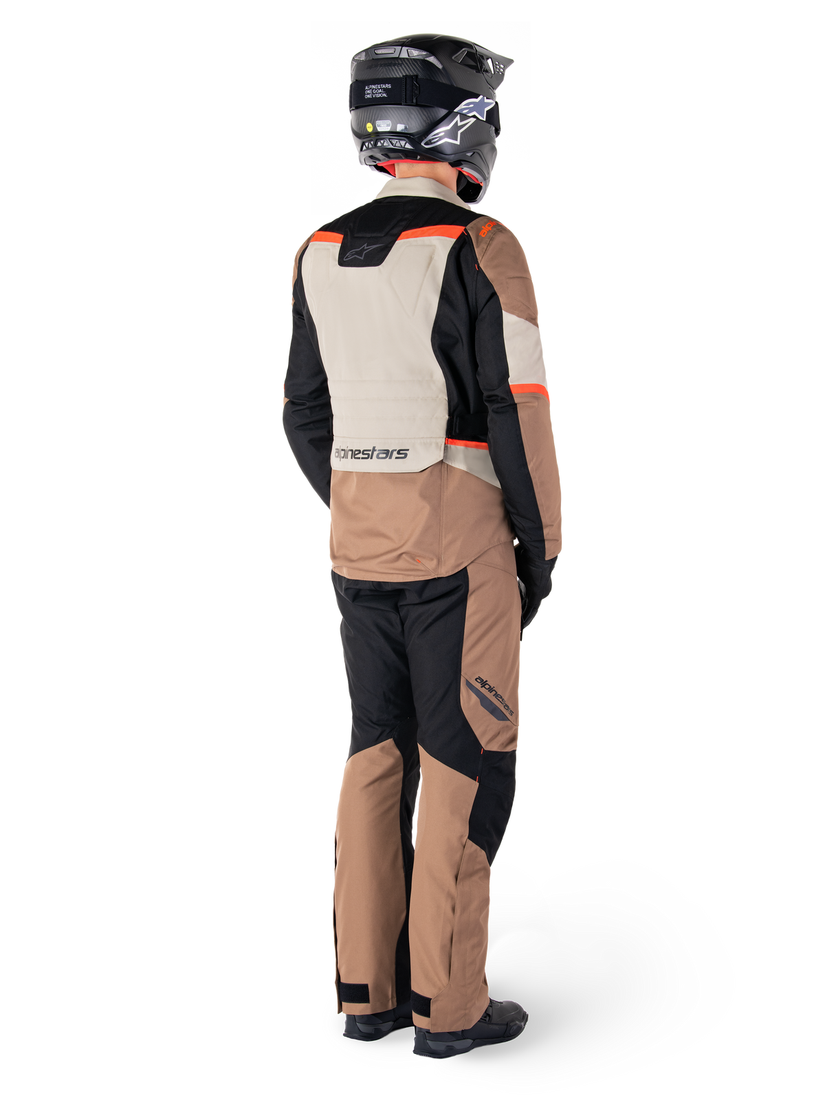 Alpinestars ST-1 Waterproof Pants, Khaki / Sand with Black and Red Fluo, rear three-quarter view styled with riding gear