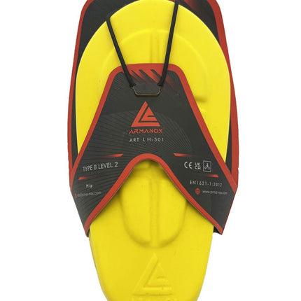 Armanox Ballistix 501 hip protector in retail packaging showing Type B Level 2 certification