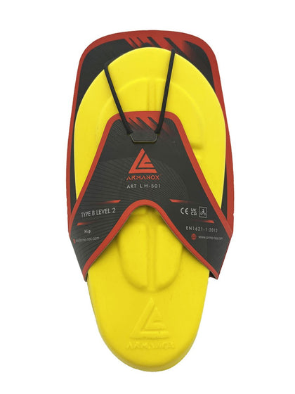 Armanox Ballistix 501 hip protector in retail packaging showing Type B Level 2 certification