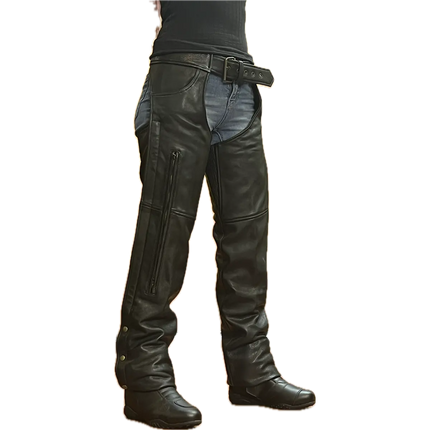 Black leather vented motorcycle chaps with front zipper pocket and adjustable waist belt.