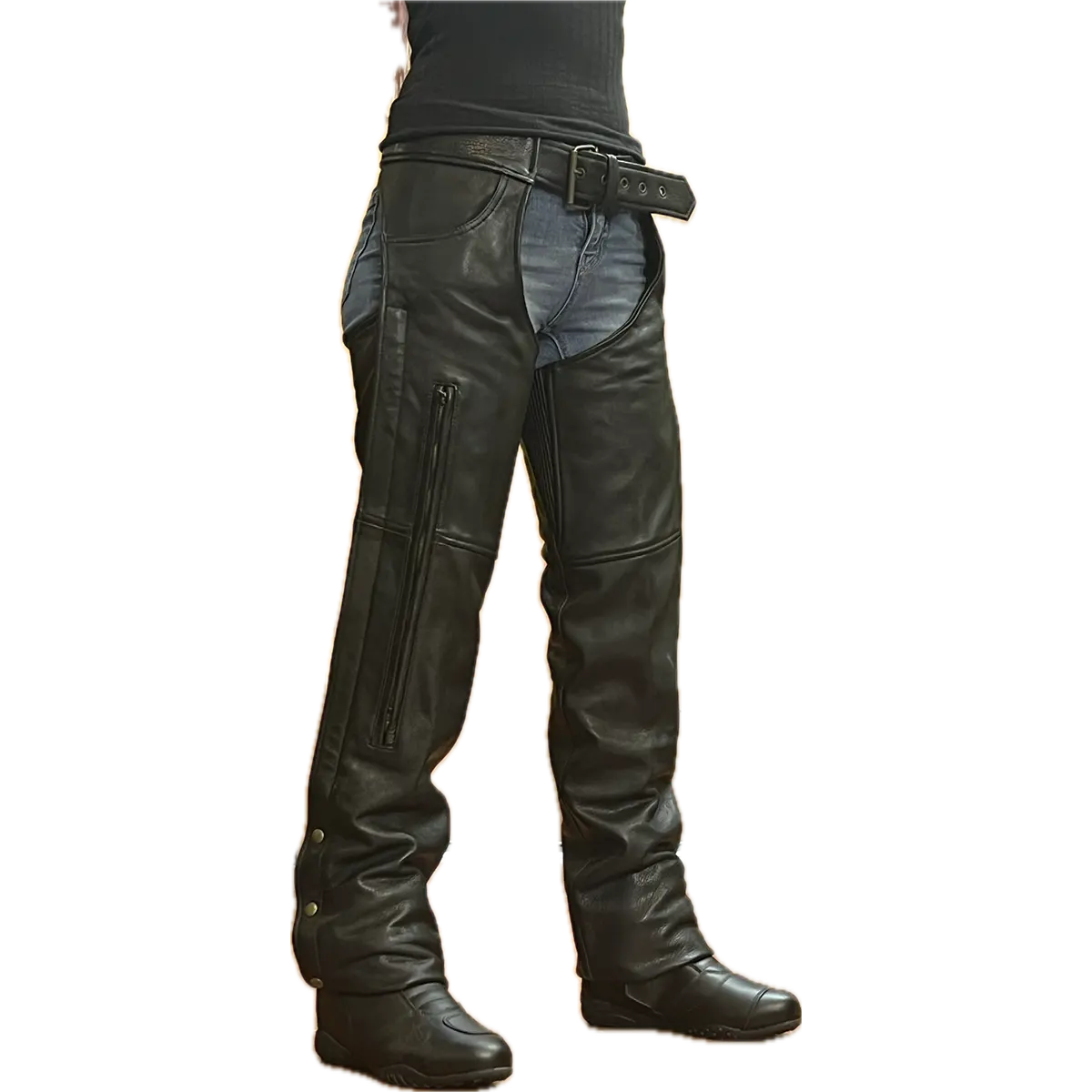 Black leather vented motorcycle chaps with front zipper pocket and adjustable waist belt.