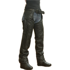 Black leather vented motorcycle chaps with front zipper pocket and adjustable waist belt.