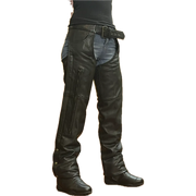 Black leather vented motorcycle chaps with front zipper pocket and adjustable waist belt.