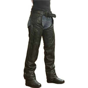 Black leather vented motorcycle chaps with front zipper pocket and adjustable waist belt.