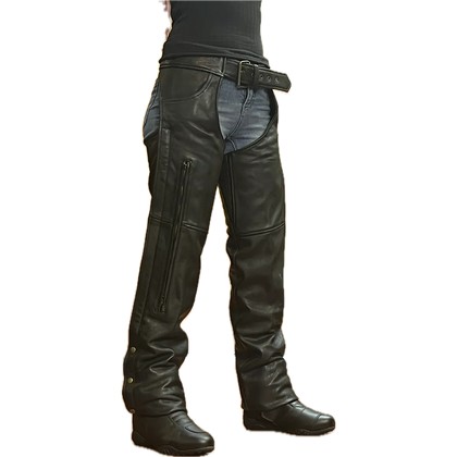 Black leather vented motorcycle chaps with front zipper pocket and adjustable waist belt.