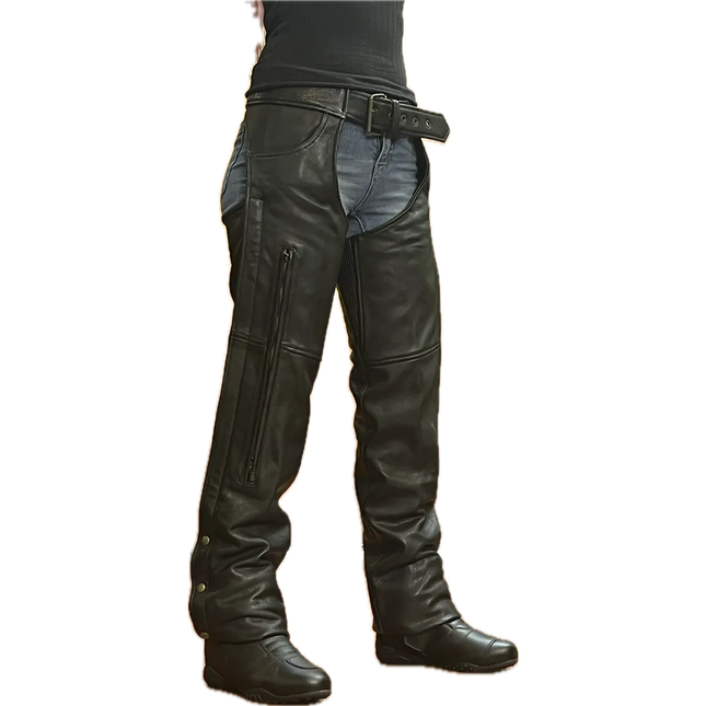 Black leather vented motorcycle chaps with front zipper pocket and adjustable waist belt.