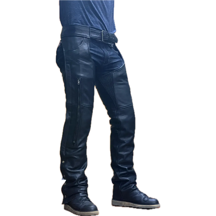 Inner thigh detail view of black leather vented motorcycle chaps with stretch panel for comfort and flexibility.