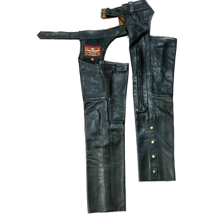 Inside and outside leg view of black leather vented motorcycle chaps showing zippers, snaps, and stretch panel details.