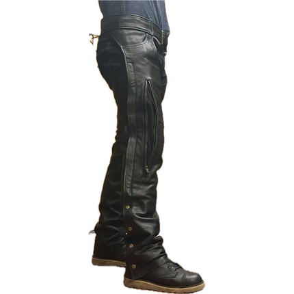Side view of black leather vented motorcycle chaps with mesh ventilation panel and snap leg closures.