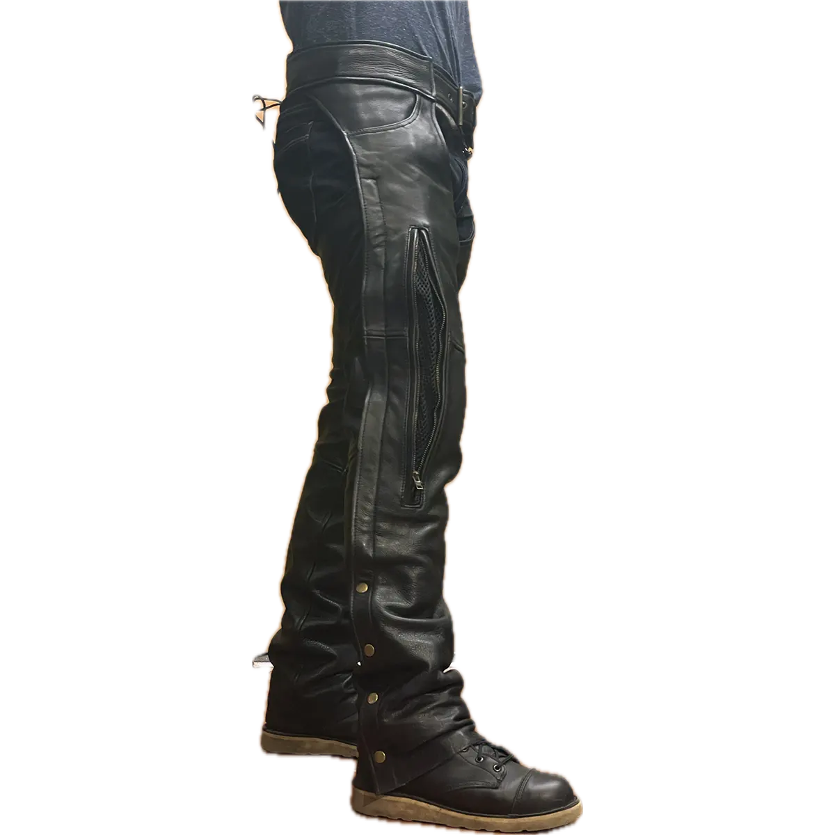 Side view of black leather vented motorcycle chaps with mesh ventilation panel and snap leg closures.