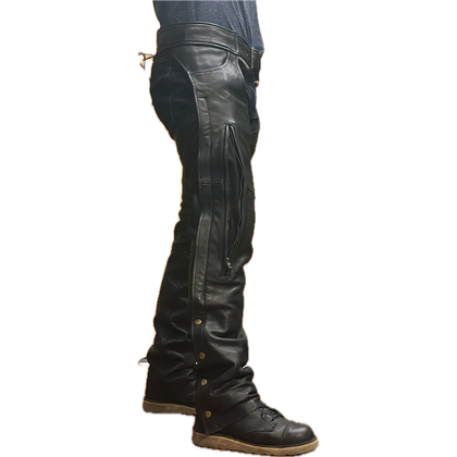 Side view of black leather vented motorcycle chaps with mesh ventilation panel and snap leg closures.