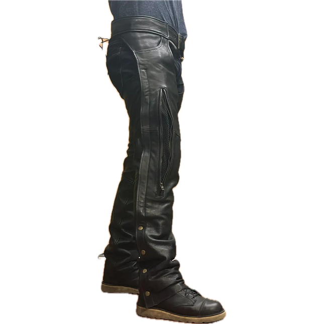 Side view of black leather vented motorcycle chaps with mesh ventilation panel and snap leg closures.