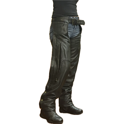 Angled view of black leather vented motorcycle chaps with mesh ventilation zipper detail.