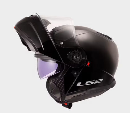 LS2 Strobe II matte black modular helmet with chin bar raised