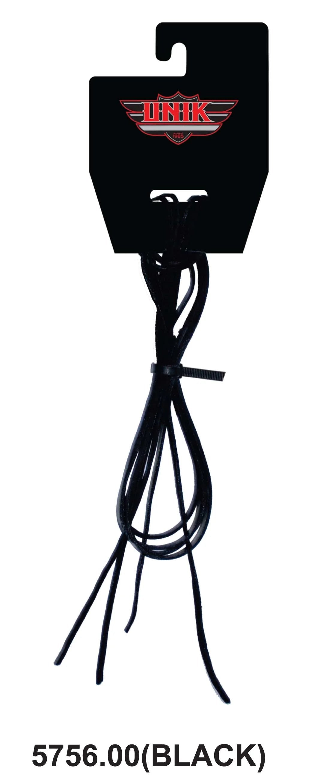 Pair of 6-foot Unik cowhide leather laces in black, shown on retail packaging