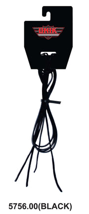 Pair of 6-foot Unik cowhide leather laces in black, shown on retail packaging