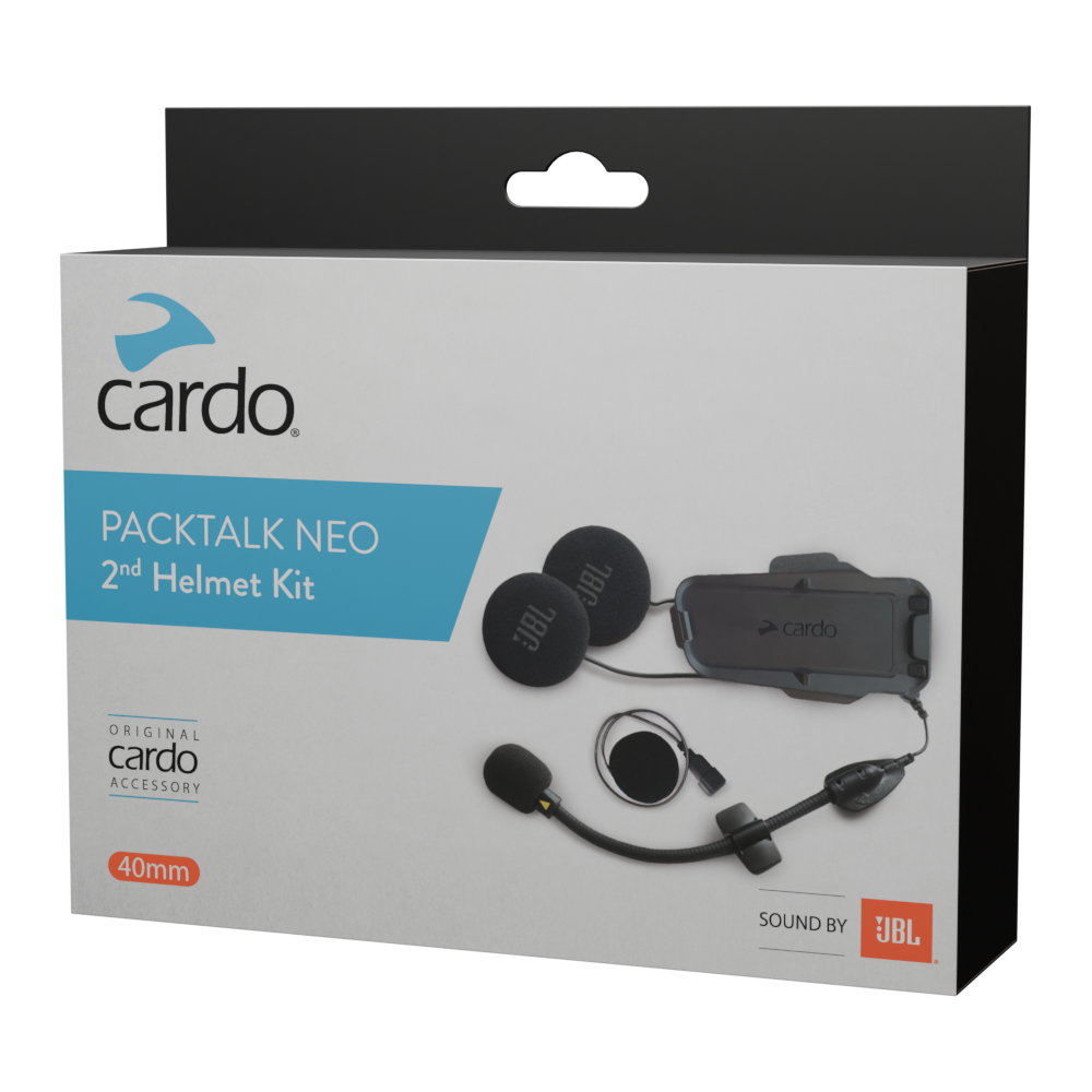 Cardo Packtalk Neo second helmet kit with JBL speakers, microphones, and mounting hardware