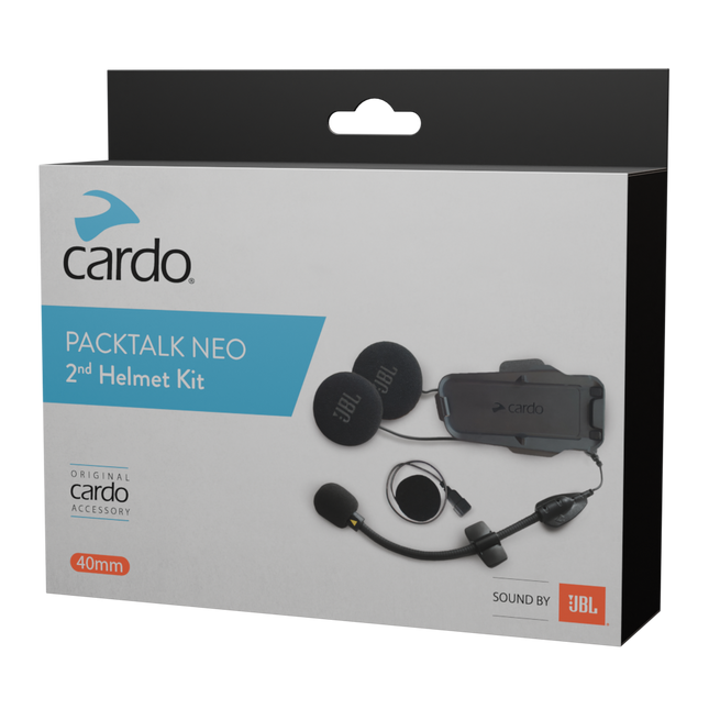 Cardo Packtalk Neo second helmet kit with JBL speakers, microphones, and mounting hardware