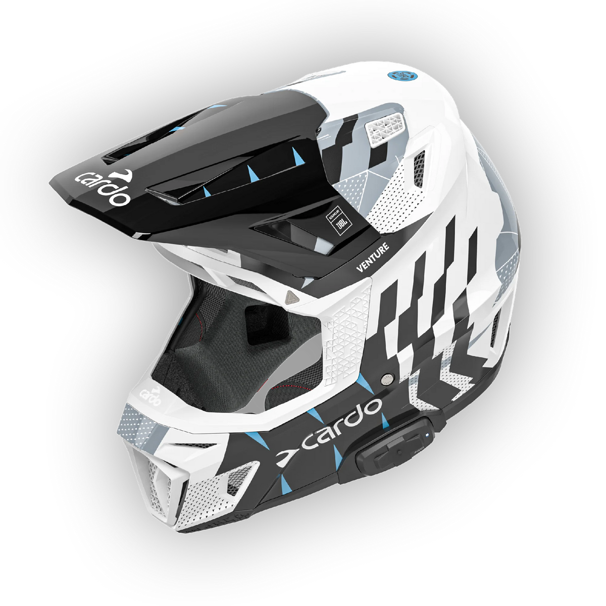 Cardo VENTURE off-road helmet in white and blue, front three-quarter view