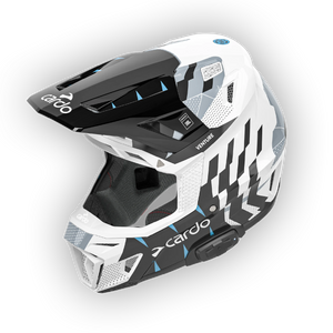 Cardo VENTURE off-road helmet in white and blue, front three-quarter view