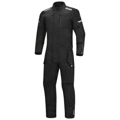Tourmaster Centurion Lite black one-piece motorcycle suit, front view