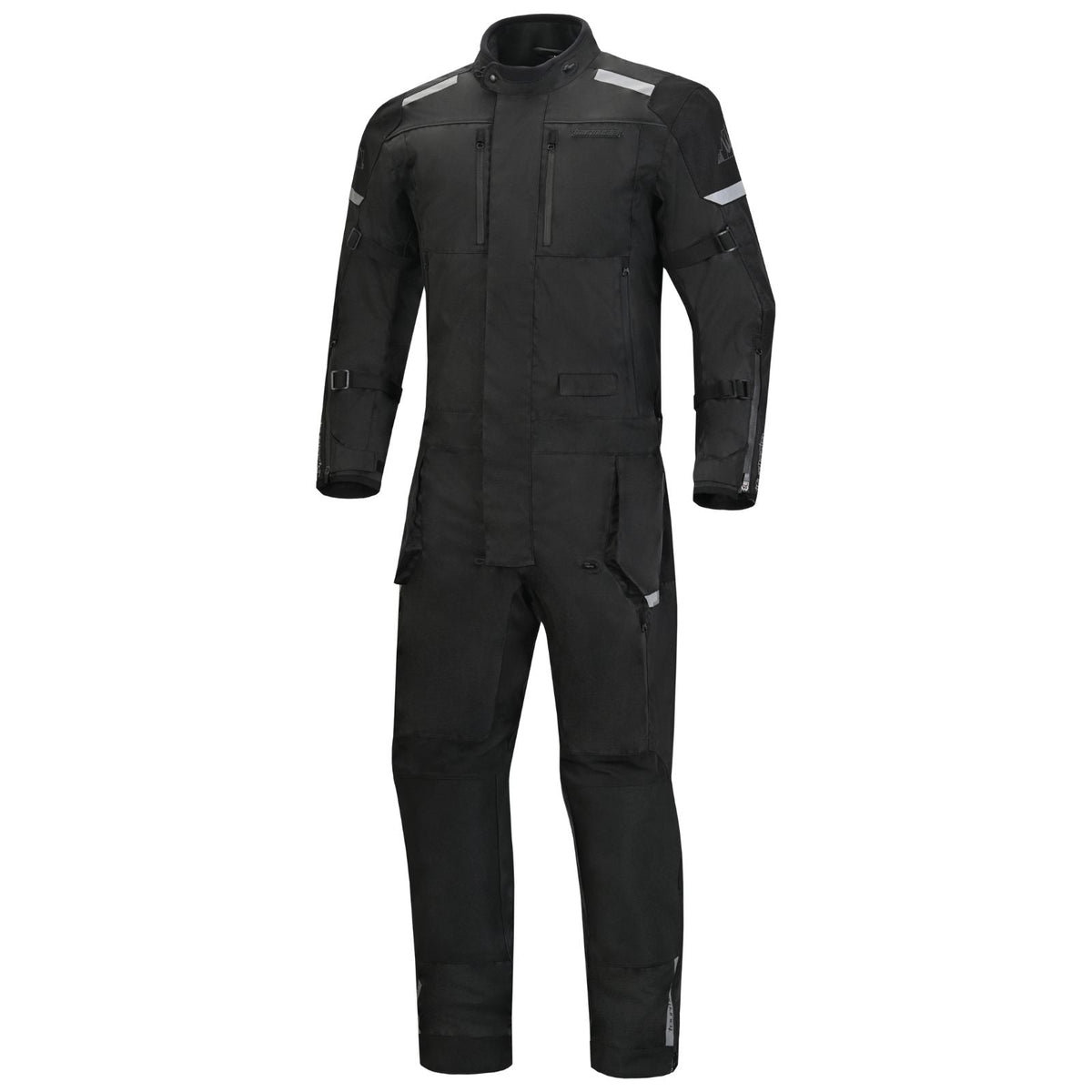 Tourmaster Centurion Lite black one-piece motorcycle suit, front view