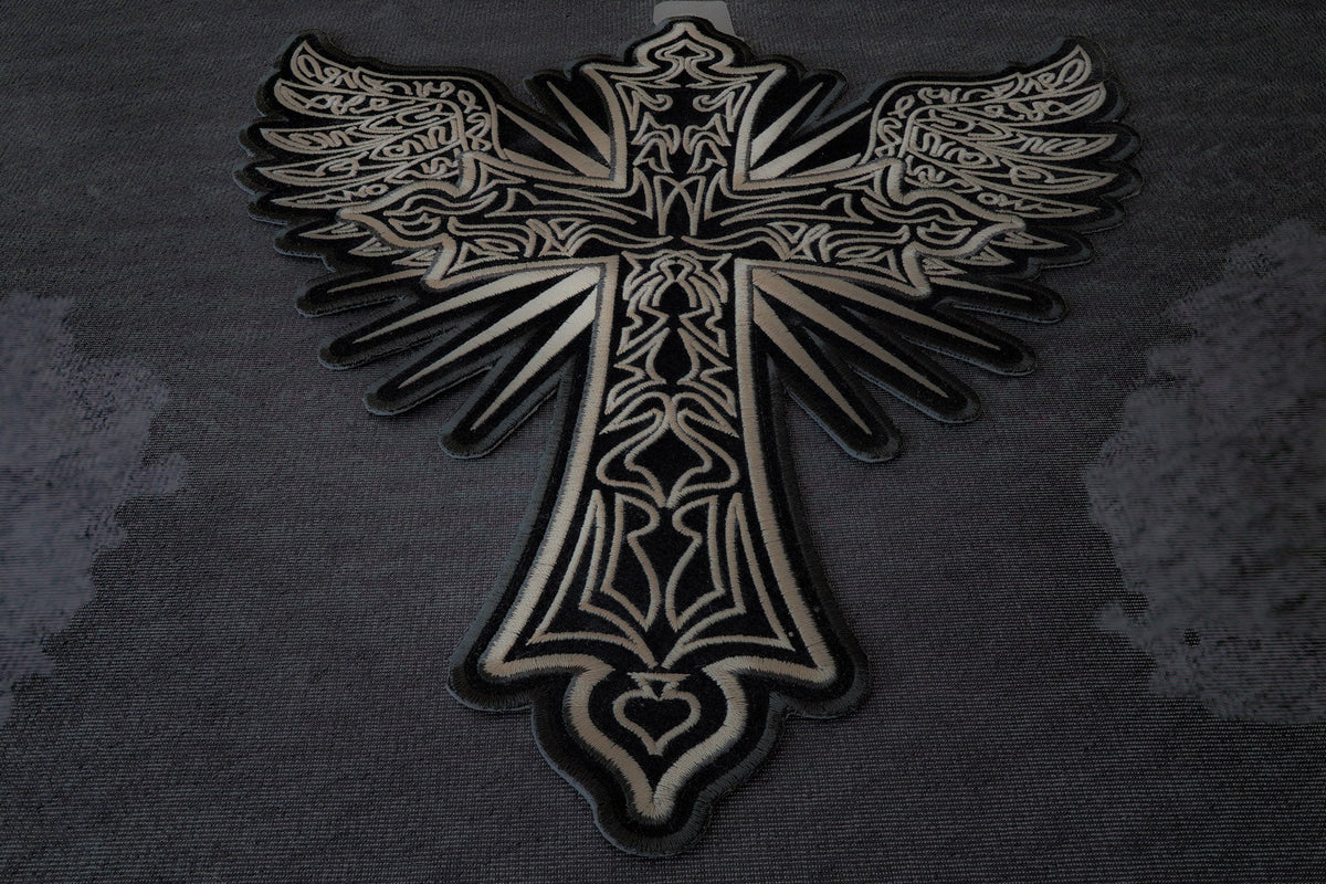 Close view of Christian Cross back patch embroidery