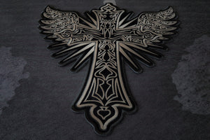 Close view of Christian Cross back patch embroidery