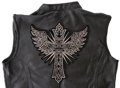 Christian Cross back patch displayed on a black leather vest