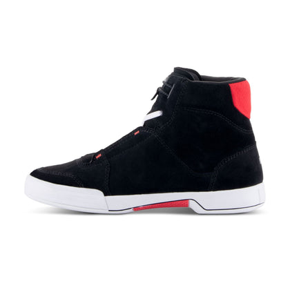 Alpinestars Chrome Riding Shoe in Black and White with bright red accents, inner side view