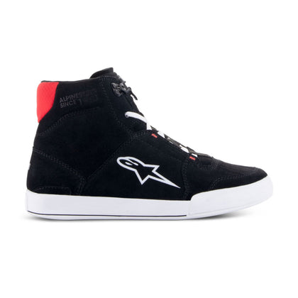 Alpinestars Chrome Riding Shoe in Black and White with bright red accents, outer side view