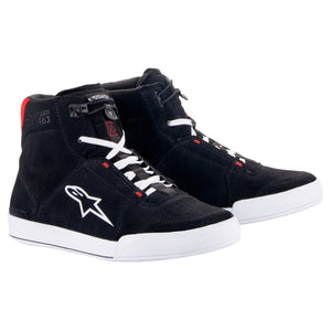 Alpinestars Chrome Riding Shoes in Black and White with bright red accents, pair view