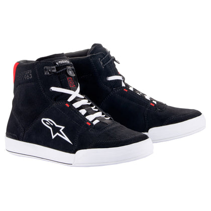 Alpinestars Chrome Riding Shoes in Black and White with bright red accents, pair view