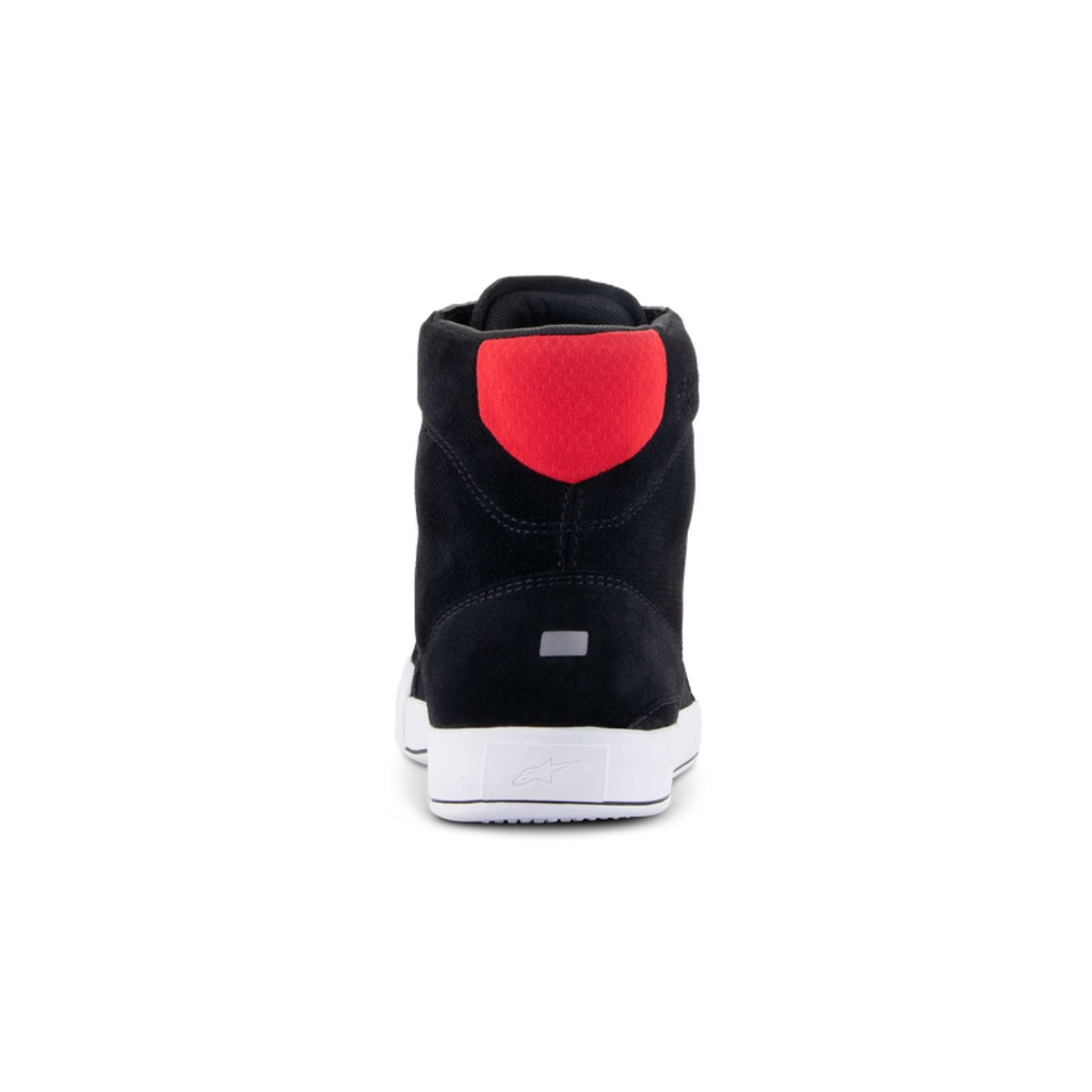 Alpinestars Chrome Riding Shoe in Black and White with bright red accents, rear view