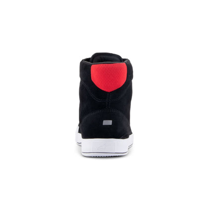 Alpinestars Chrome Riding Shoe in Black and White with bright red accents, rear view