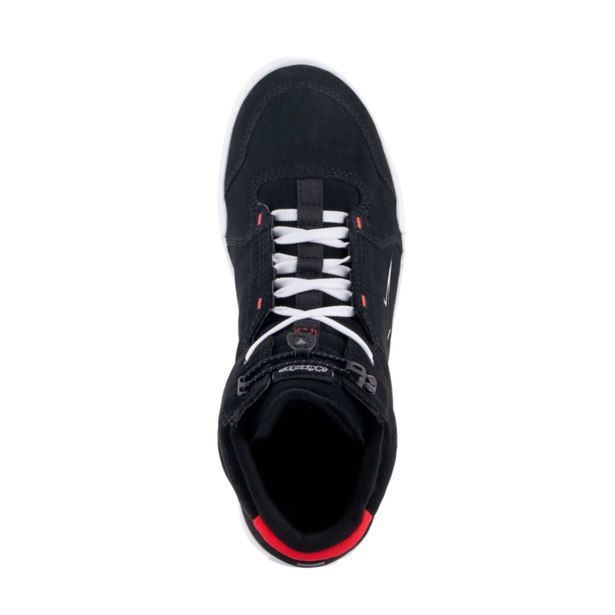 Alpinestars Chrome Riding Shoe in Black and White with bright red accents, top view