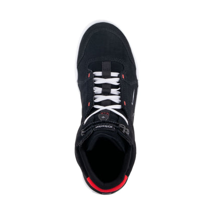 Alpinestars Chrome Riding Shoe in Black and White with bright red accents, top view