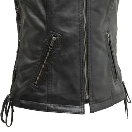 Center zipper and waist pocket detail on the Cindy women's leather vest