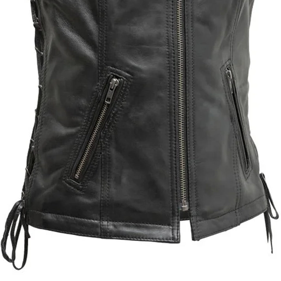 Center zipper and waist pocket detail on the Cindy women's leather vest