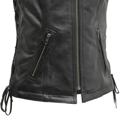 Center zipper and waist pocket detail on the Cindy women's leather vest