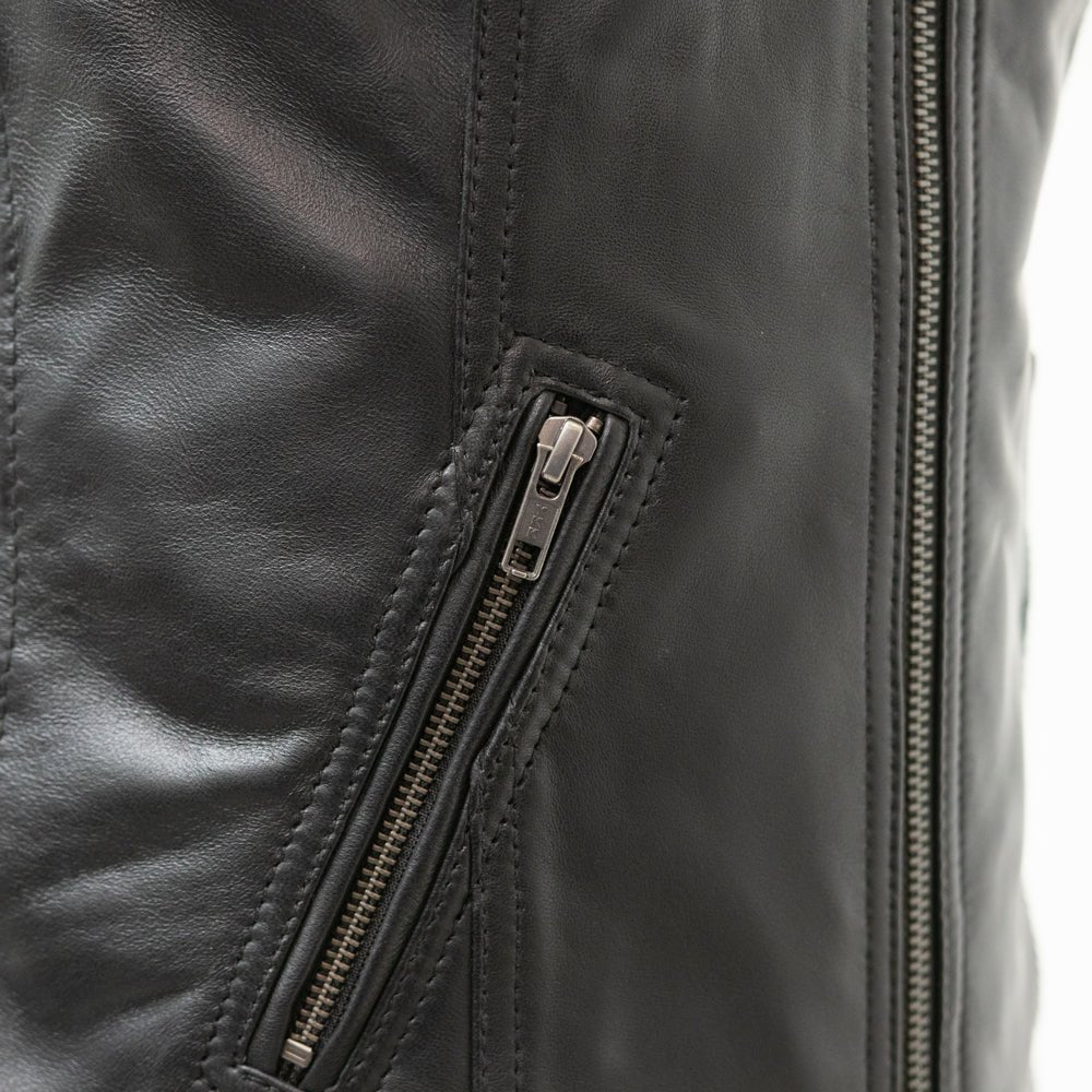 Zippered slash pocket detail on the Cindy women's leather motorcycle vest