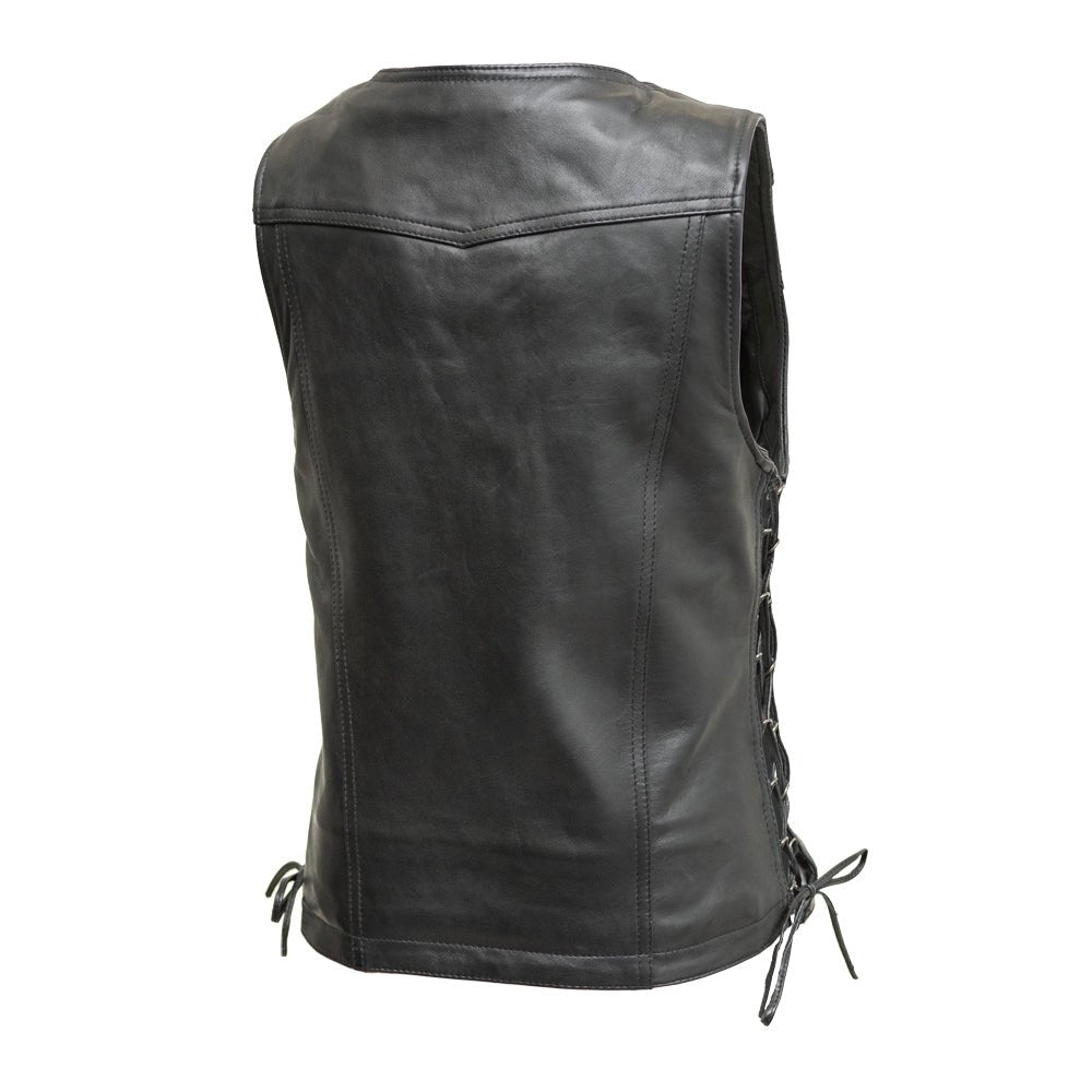 Cindy women's sheepskin leather motorcycle vest back view with side lacing