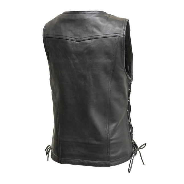 Cindy women's sheepskin leather motorcycle vest back view with side lacing